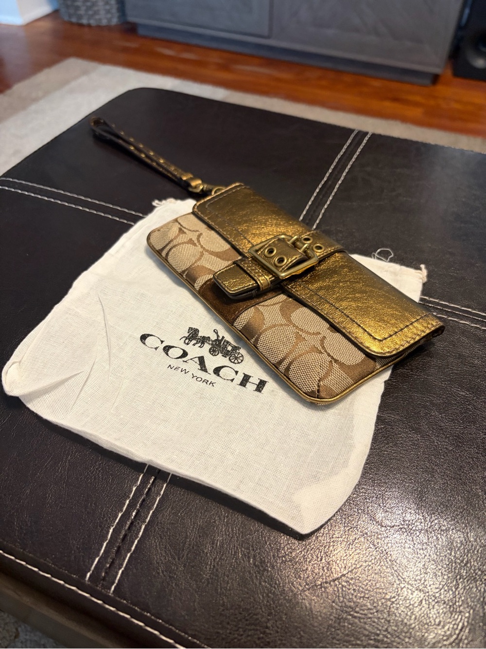 Coach Signature Buckle Metallic Bronze Leather Canvas Clutch Wallet